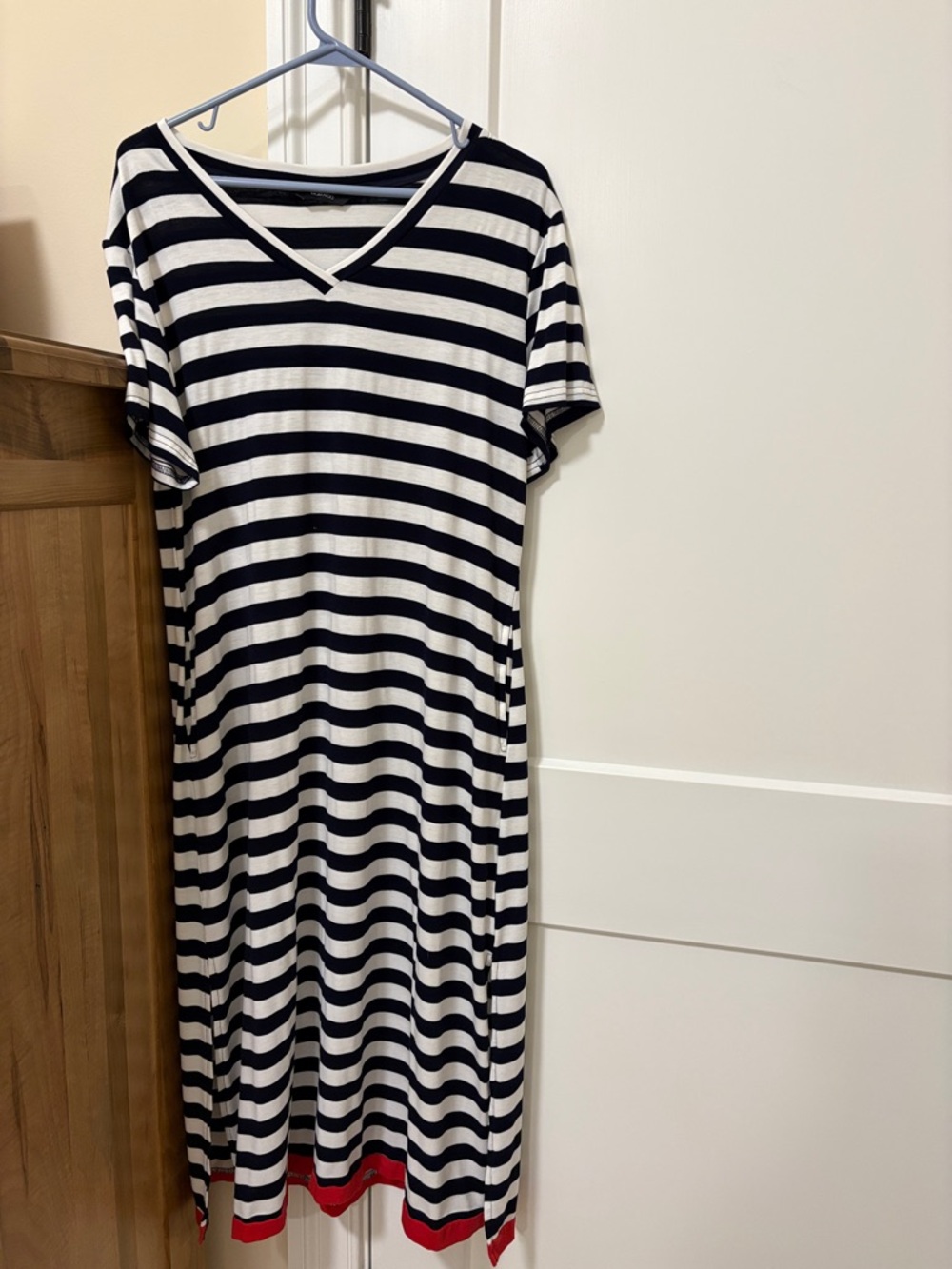 Striped Blue and White Maxi Dress with Red Hem